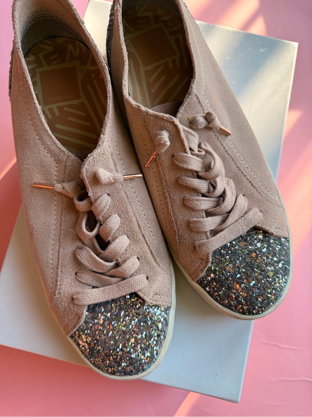 Distressed style Dolce Vita women’s Slip-On Sneakers in Pink Blush and Sequins